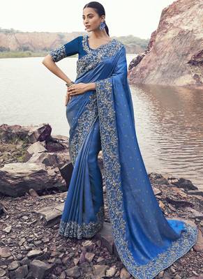 Royal-blue zari weaving heavy embroidered wedding saree 1