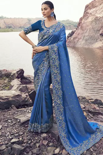 Royal-blue zari weaving heavy embroidered wedding saree
