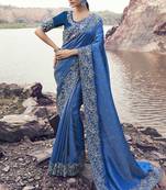 Royal-blue zari weaving heavy embroidered wedding saree