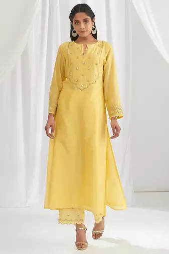 Yellow floral embroidered chanderi silk stitched straight kurta set with pant