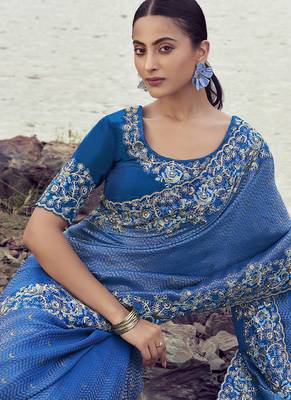 Royal-blue zari weaving heavy embroidered wedding saree 2