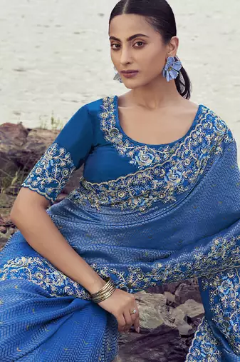 Royal-blue zari weaving heavy embroidered wedding saree