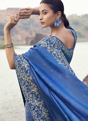 Royal-blue zari weaving heavy embroidered wedding saree 3