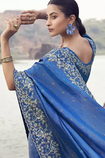 Royal-blue zari weaving heavy embroidered wedding saree