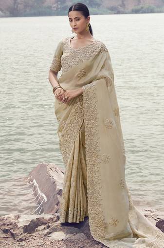 Beige zari weaving heavy embroidered wedding saree