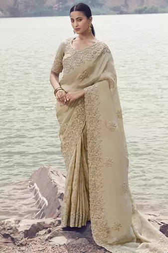 Beige zari weaving heavy embroidered wedding saree