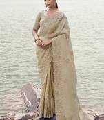 Beige zari weaving heavy embroidered wedding saree