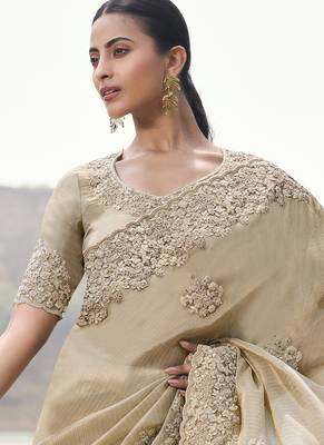 Beige zari weaving heavy embroidered wedding saree 2
