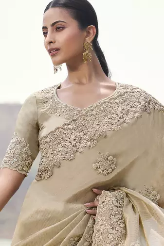 Beige zari weaving heavy embroidered wedding saree