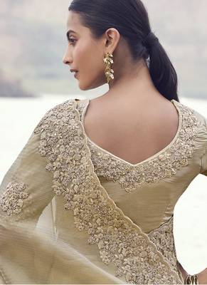 Beige zari weaving heavy embroidered wedding saree 3