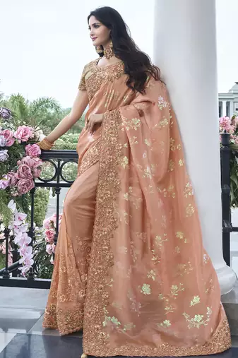 Peach silk heavy embroidered wedding saree