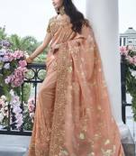 Peach silk heavy embroidered wedding saree