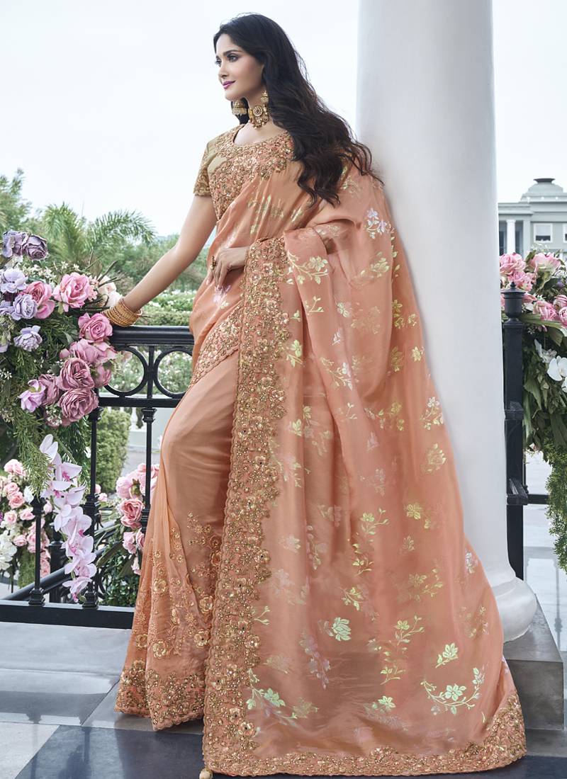 Peach silk heavy embroidered wedding saree