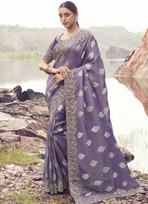 Purple zari weaving heavy embroidered wedding saree 1