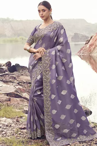 Purple zari weaving heavy embroidered wedding saree