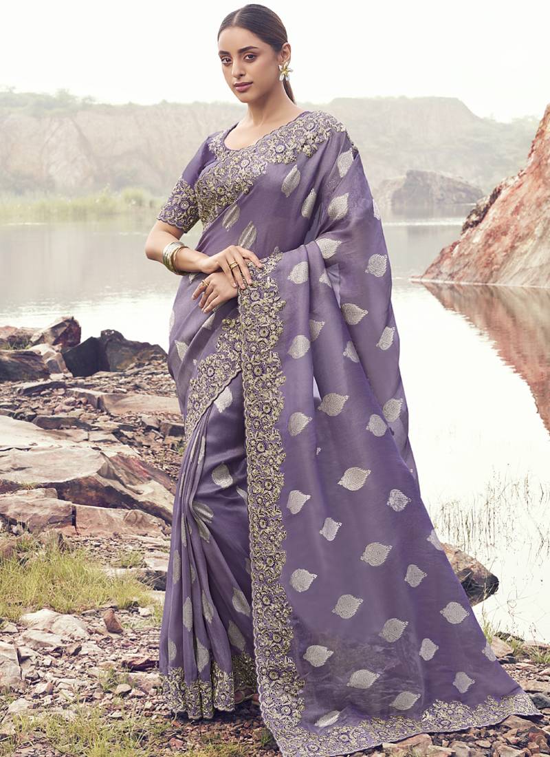 Purple zari weaving heavy embroidered wedding saree