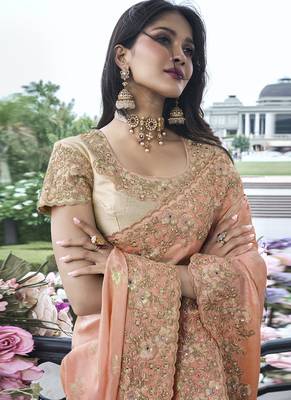 Peach silk heavy embroidered wedding saree 2