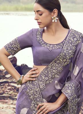 Purple zari weaving heavy embroidered wedding saree 2