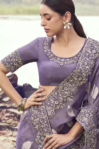 Purple zari weaving heavy embroidered wedding saree