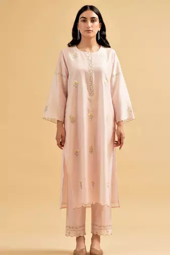 Light-pink floral embroidered chanderi silk stitched straight kurta set with pant