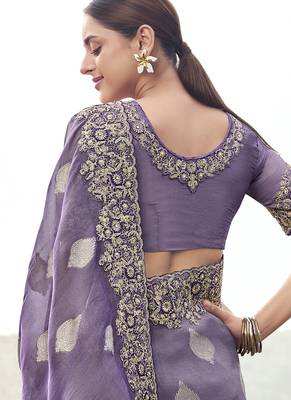 Purple zari weaving heavy embroidered wedding saree 3