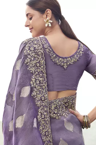 Purple zari weaving heavy embroidered wedding saree