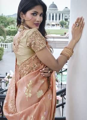 Peach silk heavy embroidered wedding saree 3