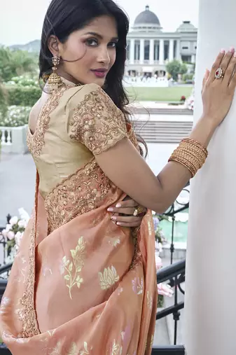Peach silk heavy embroidered wedding saree