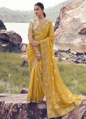 Yellow zari weaving heavy embroidered wedding saree 1