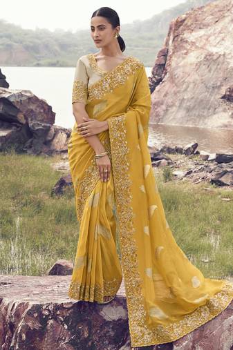Yellow zari weaving heavy embroidered wedding saree