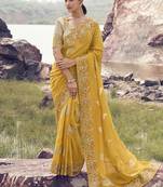 Yellow zari weaving heavy embroidered wedding saree