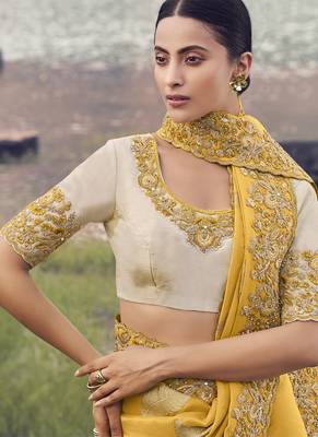 Yellow zari weaving heavy embroidered wedding saree 2