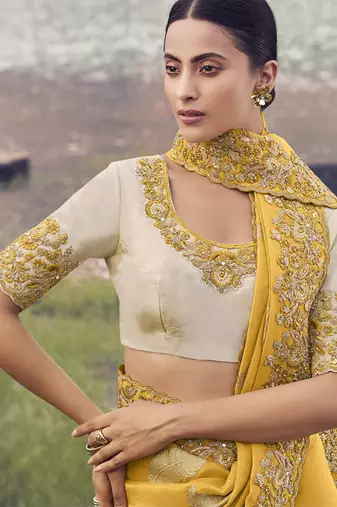 Yellow zari weaving heavy embroidered wedding saree