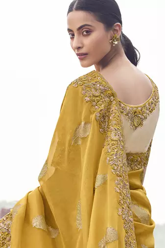 Yellow zari weaving heavy embroidered wedding saree
