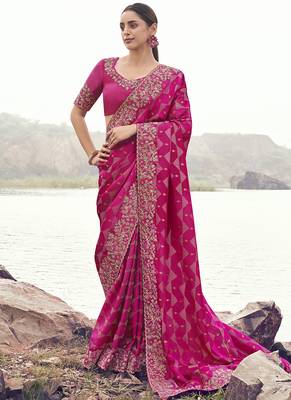 Rani-pink zari weaving heavy embroidered wedding saree 1