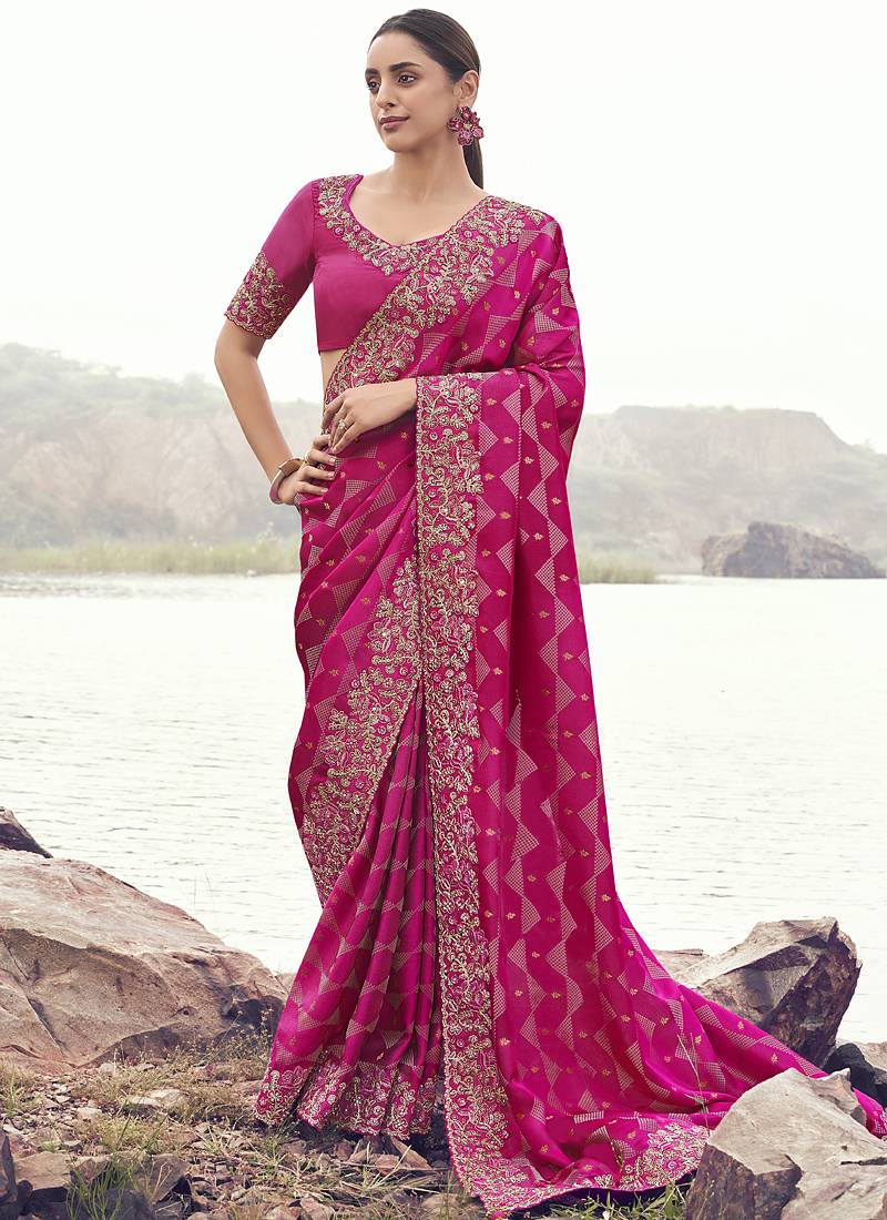 Rani-pink zari weaving heavy embroidered wedding saree