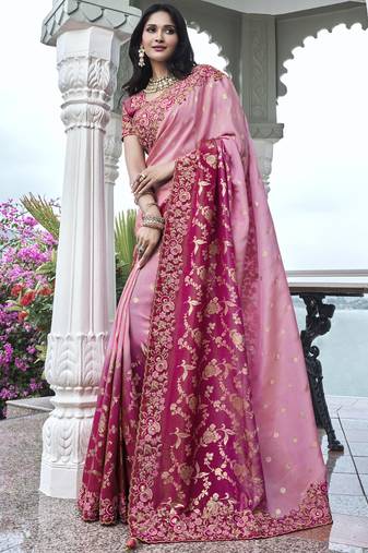 Pink silk heavy embroidered wedding saree