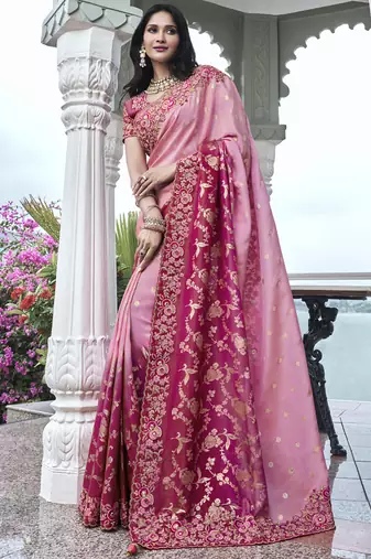Pink silk heavy embroidered wedding saree