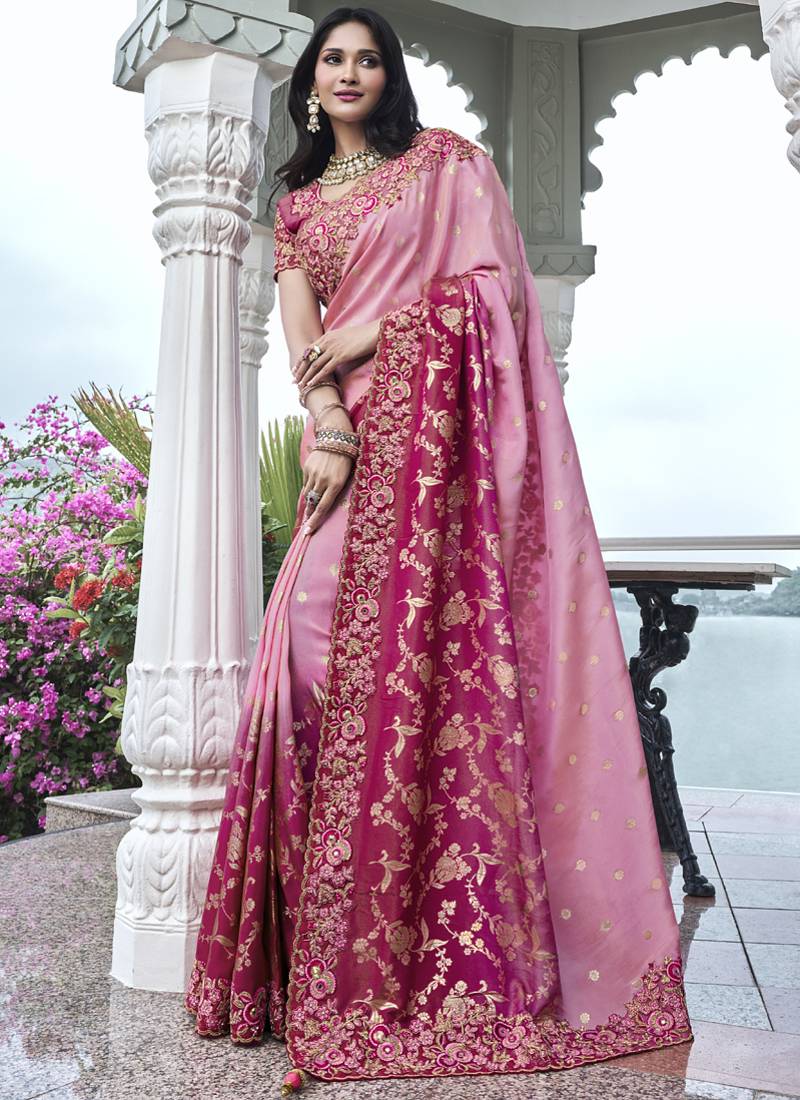 Pink silk heavy embroidered wedding saree