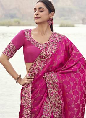 Rani-pink zari weaving heavy embroidered wedding saree 2