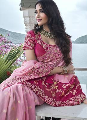 Pink silk heavy embroidered wedding saree 2