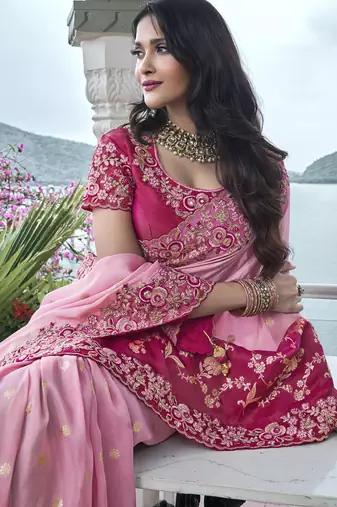 Pink silk heavy embroidered wedding saree