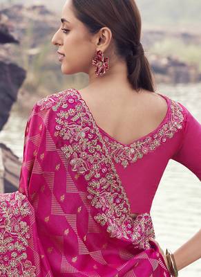 Rani-pink zari weaving heavy embroidered wedding saree 3