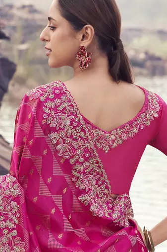 Rani-pink zari weaving heavy embroidered wedding saree
