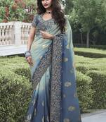 Grey and bottel green silk heavy embroidered wedding saree