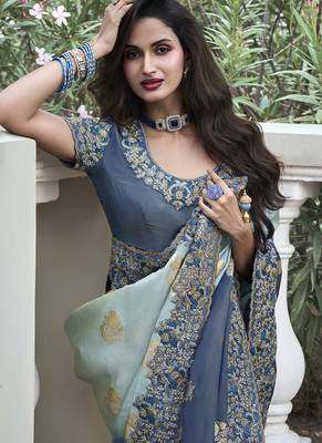 Grey and bottel green silk heavy embroidered wedding saree 2
