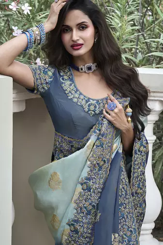 Grey and bottel green silk heavy embroidered wedding saree