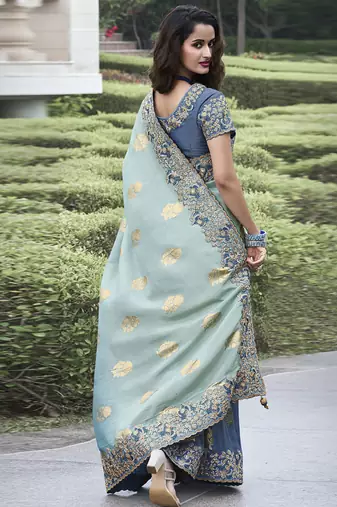 Grey and bottel green silk heavy embroidered wedding saree