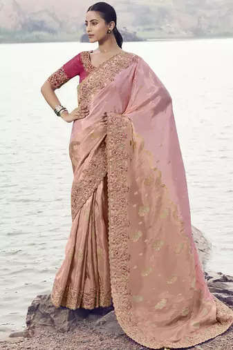 Peach zari weaving heavy embroidered wedding saree