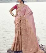 Peach zari weaving heavy embroidered wedding saree